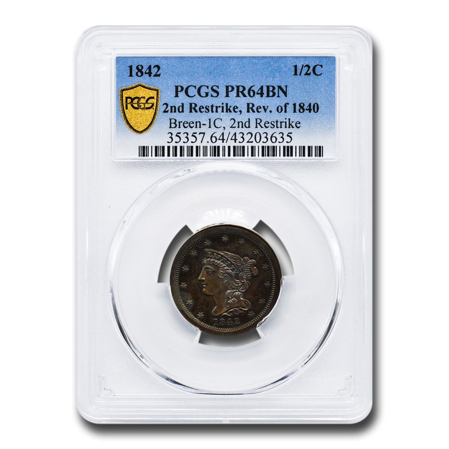 1842 Half Cent PR-64 PCGS (Brown, Reverse of 1840 2nd Restrike)