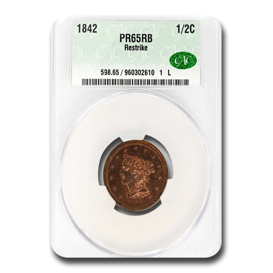 1842 Half Cent PR-65 CACG (Restrike, Red/Brown) 1842 Half Cent PR-65 CACG (Restrike, Red/Brown)