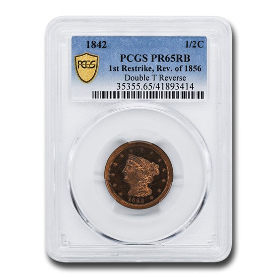 1842 Half Cent PR-65 PCGS (Red/Brown, Restrike, Rev of 1856) 1842 Half Cent PR-65 PCGS (Red/Brown, Restrike, Rev of 1856)