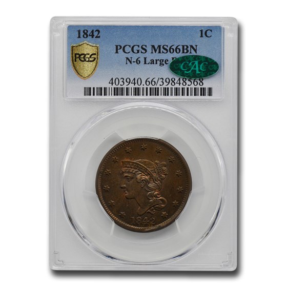 1842 Large Cent MS-66 PCGS CAC (Brown, N-6 Large Date) 1842 Large Cent MS-66 PCGS CAC (Brown, N-6 Large Date)
