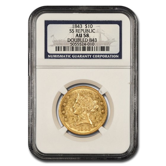 1843 $10 Liberty Gold Eagle AU-58 NGC (SS Republic, Double 843) 1843 $10 Liberty Gold Eagle AU-58 NGC (SS Republic, Double 843)