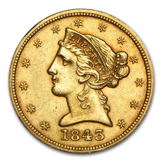 1843 $5 Liberty Gold Half Eagle AU 1843 $5 Liberty Gold Half Eagle AU