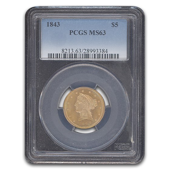 1843 $5 Liberty Gold Half Eagle MS-63 PCGS