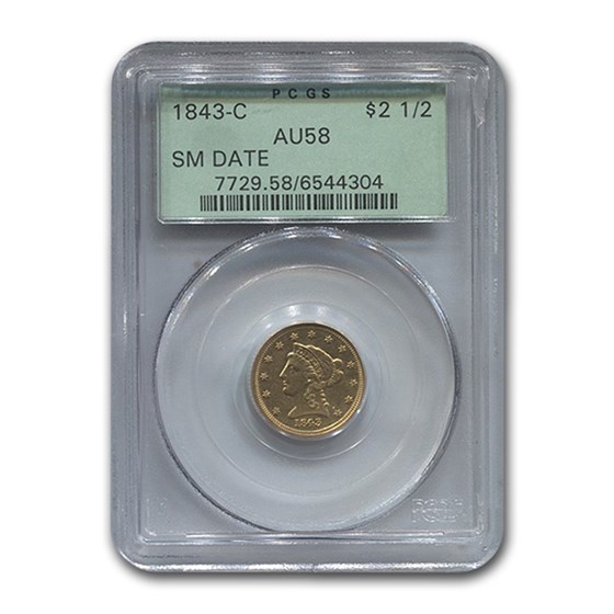 1843-C $2.50 Liberty Gold Quarter Eagle AU-58 PCGS (Small Date) 1843-C $2.50 Liberty Gold Quarter Eagle AU-58 PCGS (Small Date)