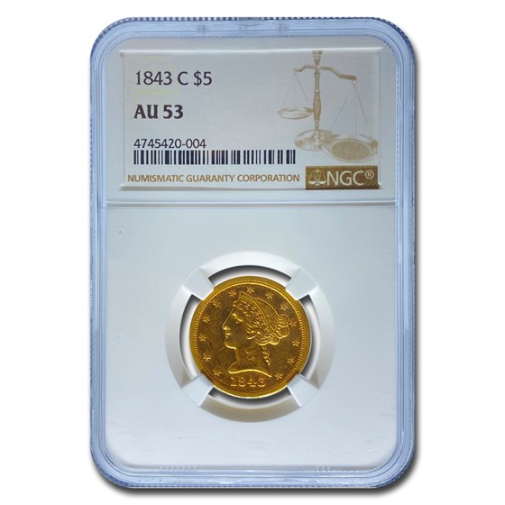 1843-C $5 Liberty Gold Half Eagle AU-53 NGC 1843-C $5 Liberty Gold Half Eagle AU-53 NGC