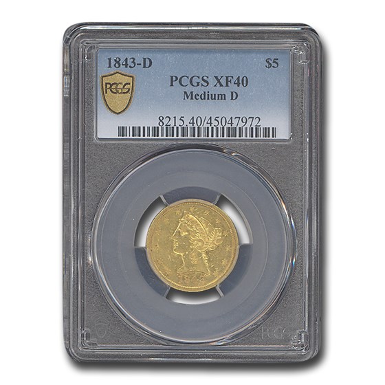 1843-D $5 Liberty Gold Half Eagle XF-40 PCGS (Medium Date) 1843-D $5 Liberty Gold Half Eagle XF-40 PCGS (Medium Date)