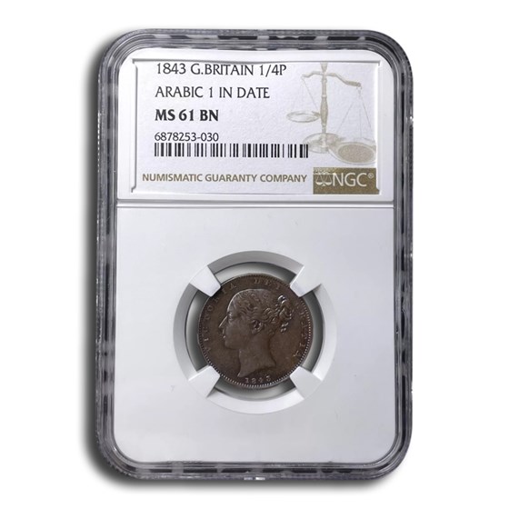 1843 Great Britain Farthing Victoria MS-61 NGC (Brown) 1843 Great Britain Farthing Victoria MS-61 NGC (Brown)