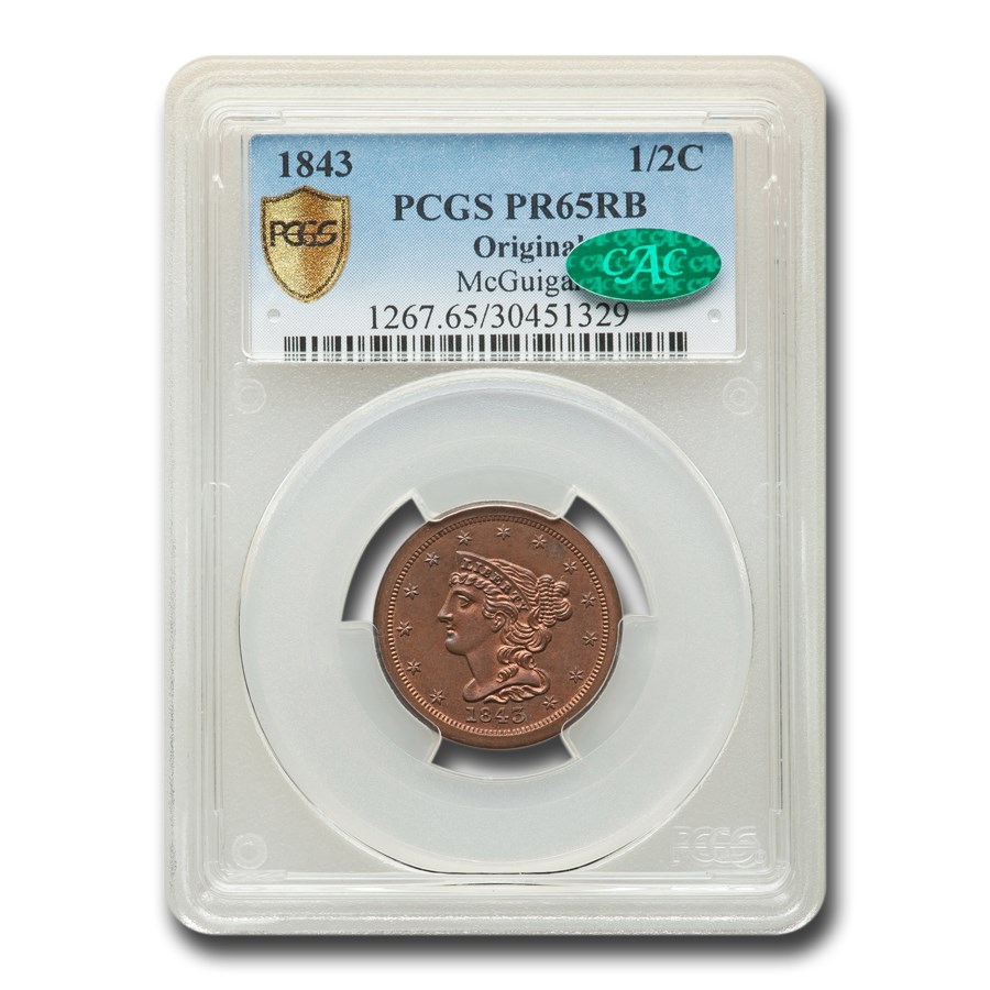 1843 Half Cent PR-65 PCGS CAC (Red/Brown, Original)