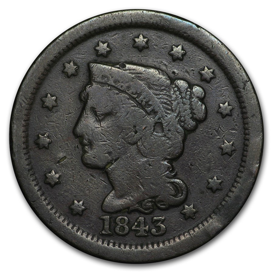 1843 Large Cent Mature Head, Lg Letters VG