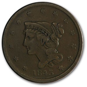 1843 Large Cent Petite Head, Sm Letters VF 1843 Large Cent Petite Head, Sm Letters VF