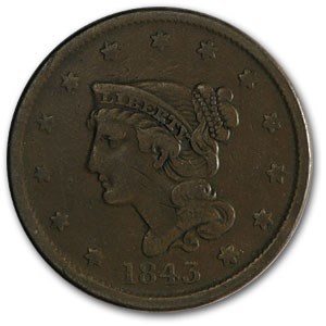 1843 Large Cent Petite Head, Sm Letters VF