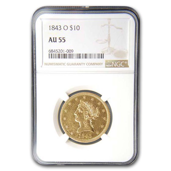 1843-O $10 Liberty Gold Eagle AU-55 NGC 1843-O $10 Liberty Gold Eagle AU-55 NGC