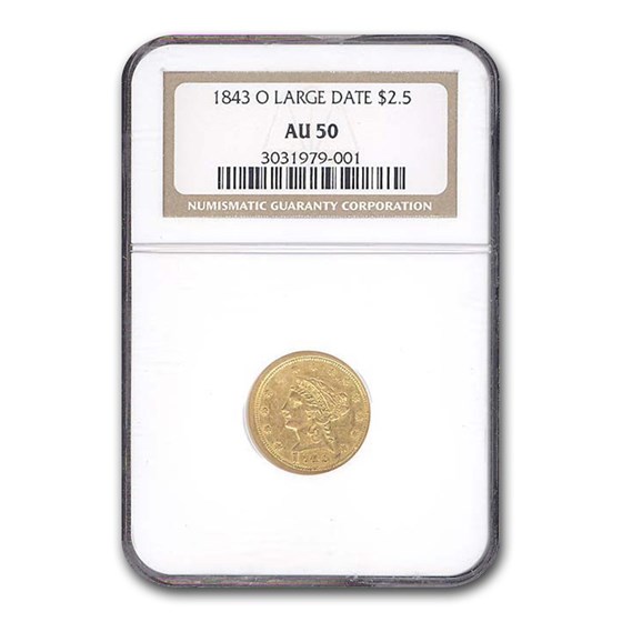 1843-O $2.50 Liberty Gold Quarter Eagle AU-50 NGC (Large Date) 1843-O $2.50 Liberty Gold Quarter Eagle AU-50 NGC (Large Date)