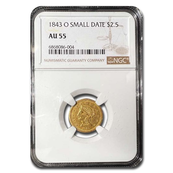 1843-O $2.50 Liberty Gold Quarter Eagle AU-55 NGC (Small Date) 1843-O $2.50 Liberty Gold Quarter Eagle AU-55 NGC (Small Date)