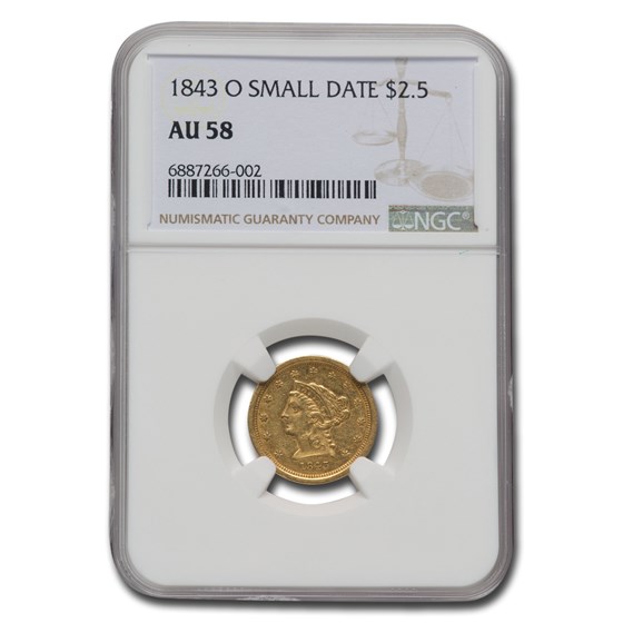 1843-O $2.50 Liberty Gold Quarter Eagle AU-58 NGC (Small Date) 1843-O $2.50 Liberty Gold Quarter Eagle AU-58 NGC (Small Date)