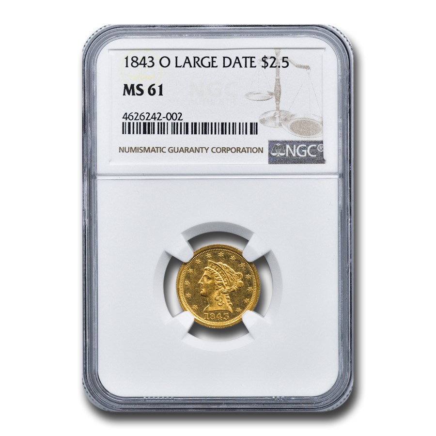 1843-O $2.50 Liberty Gold Quarter Eagle MS-61 NGC (Large Date)