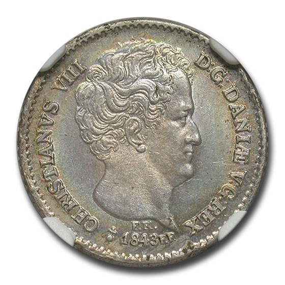 1843-Orb Denmark Silver 8 Rigsbankskilling MS-64 NGC