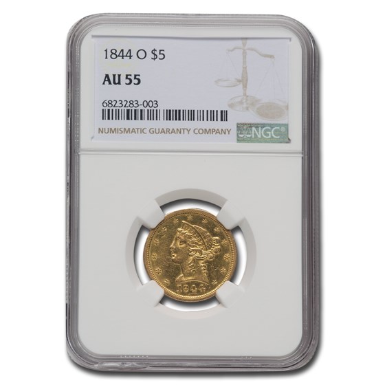 1844-O $5 Liberty Gold Half Eagle AU-55 NGC 1844-O $5 Liberty Gold Half Eagle AU-55 NGC