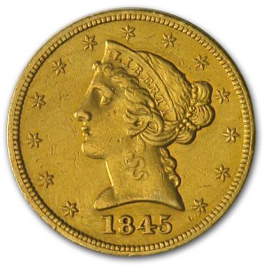 1845 $5 Liberty Gold Half Eagle AU-58 Details (Cleaned) 1845 $5 Liberty Gold Half Eagle AU-58 Details (Cleaned)