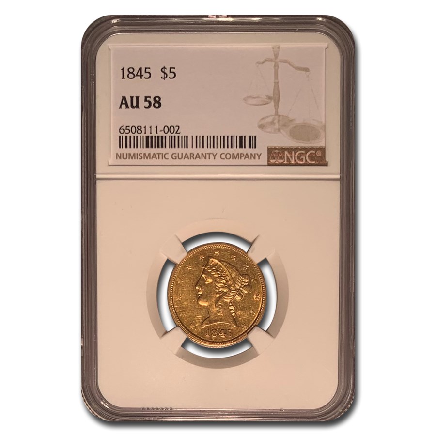 1845 $5 Liberty Gold Half Eagle AU-58 NGC