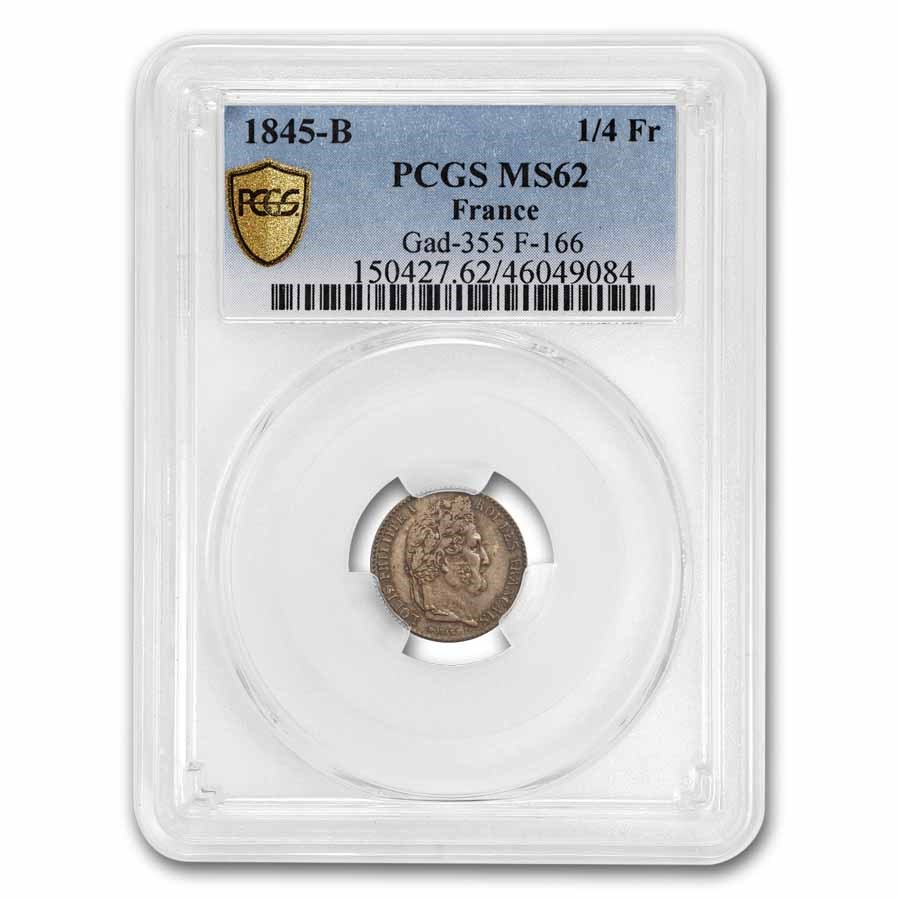 1845-B Kingdom of France AR 1/4 Franc Louis-Philippe MS-62 PCGS