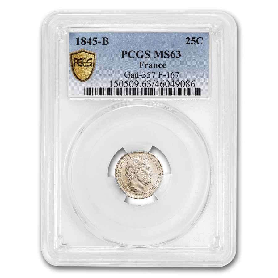 1845-B Kingdom of France AR 25 Centimes Louis-Philippe MS-63 PCGS