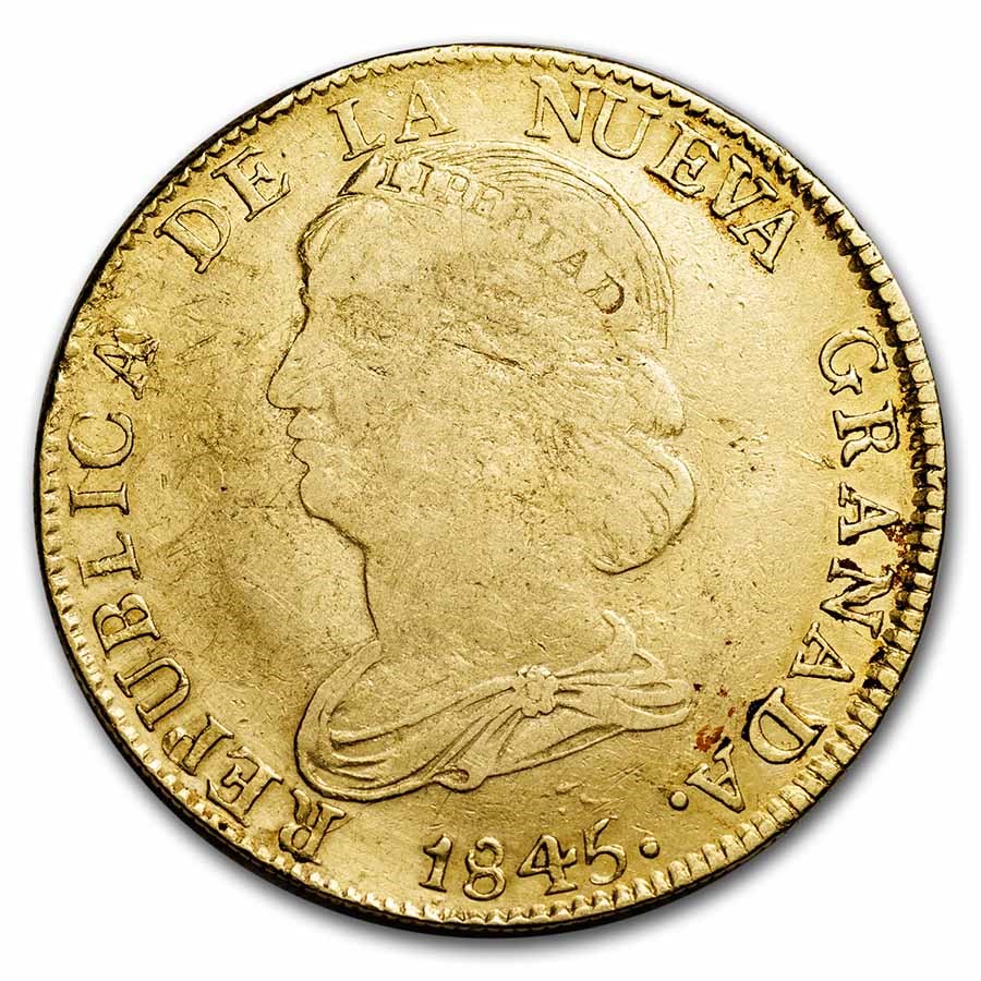 1845 Colombia Gold 16 Peso XF-Details