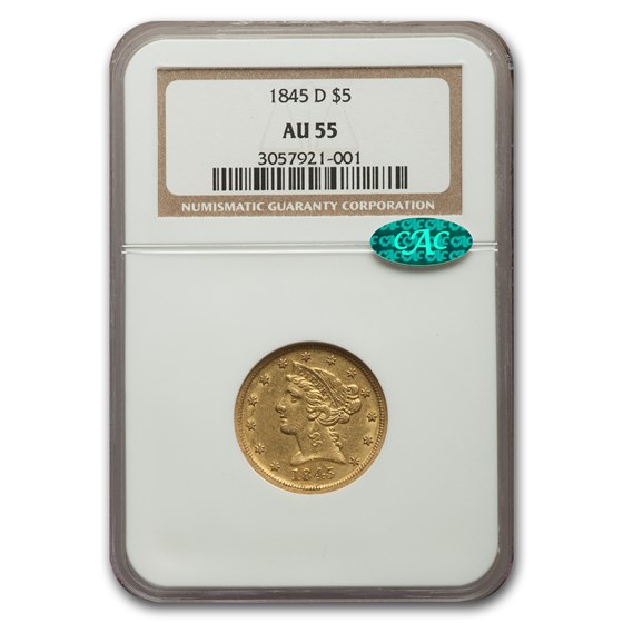 1845-D $5 Liberty Gold Half Eagle AU-55 NGC CAC 1845-D $5 Liberty Gold Half Eagle AU-55 NGC CAC