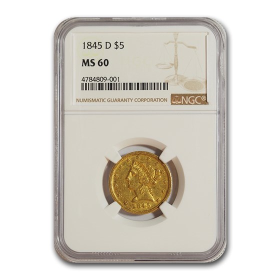 1845-D $5 Liberty Gold Half Eagle MS-60 NGC 1845-D $5 Liberty Gold Half Eagle MS-60 NGC