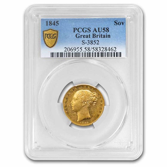 1845 Great Britain Gold Sovereign Victoria Shield AU-58 PCGS