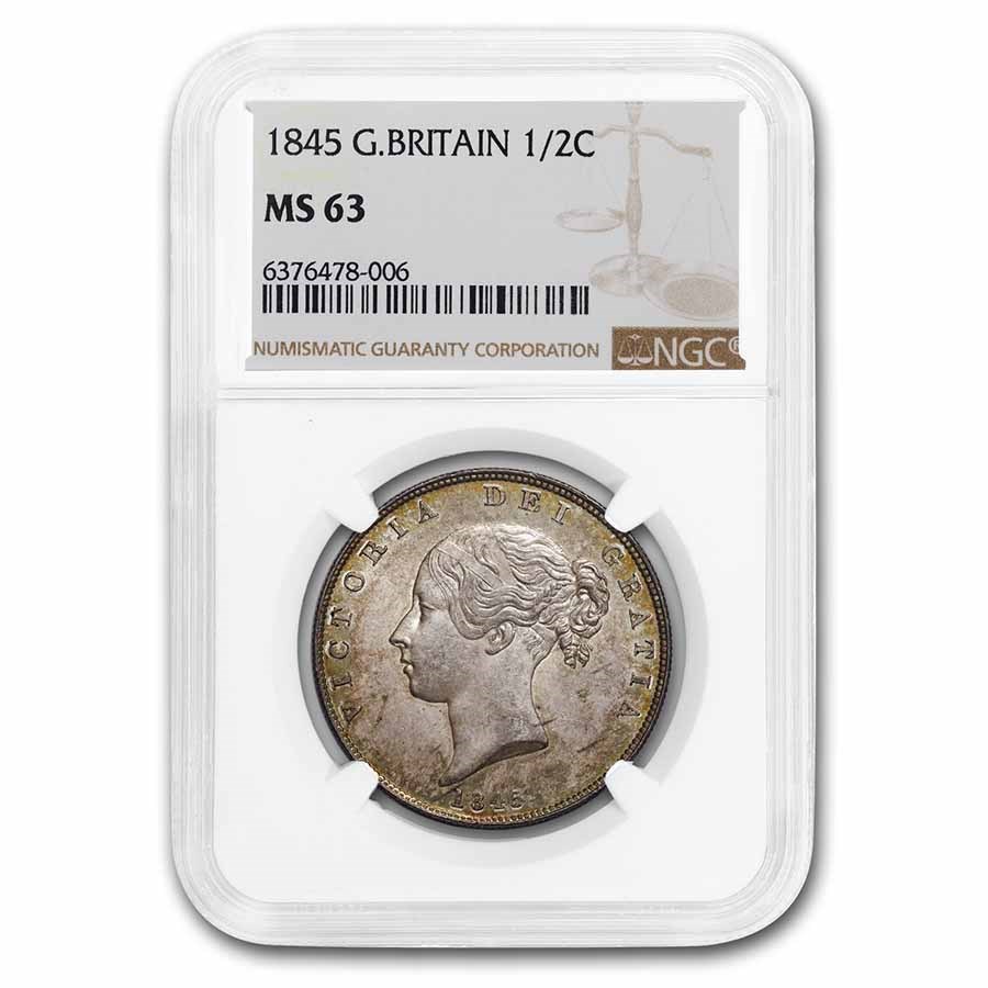 1845 Great Britain Silver Half Crown Victoria MS-63 NGC