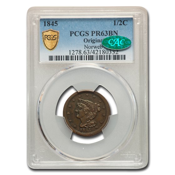 1845 Half Cent PR-63 PCGS CAC (Brown, Original) 1845 Half Cent PR-63 PCGS CAC (Brown, Original)