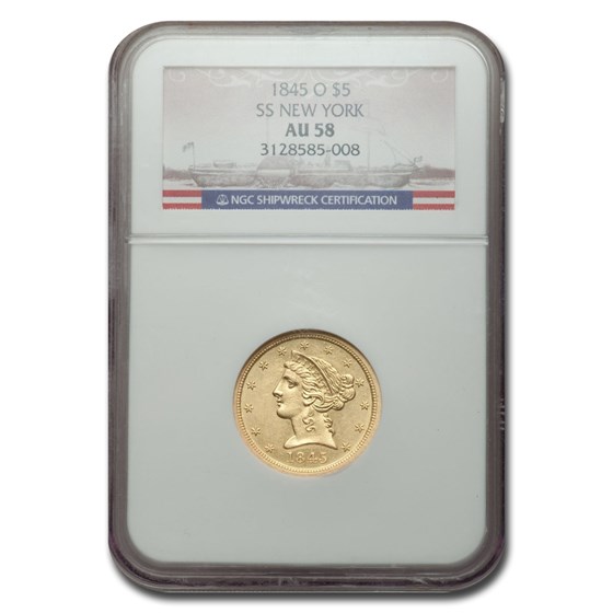 1845-O $5 Liberty Gold Half Eagle AU-58 NGC (SS New York) 1845-O $5 Liberty Gold Half Eagle AU-58 NGC (SS New York)