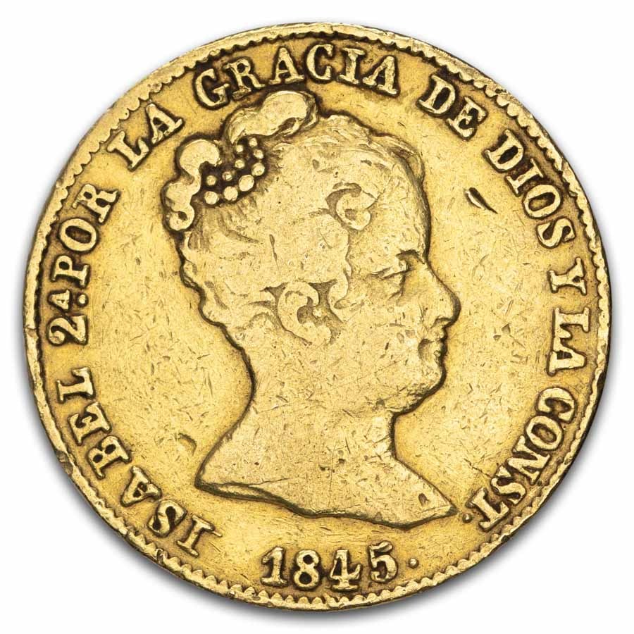 1845 Spain Gold 80 Reales Isabel II Avg Circ (Scruffy)