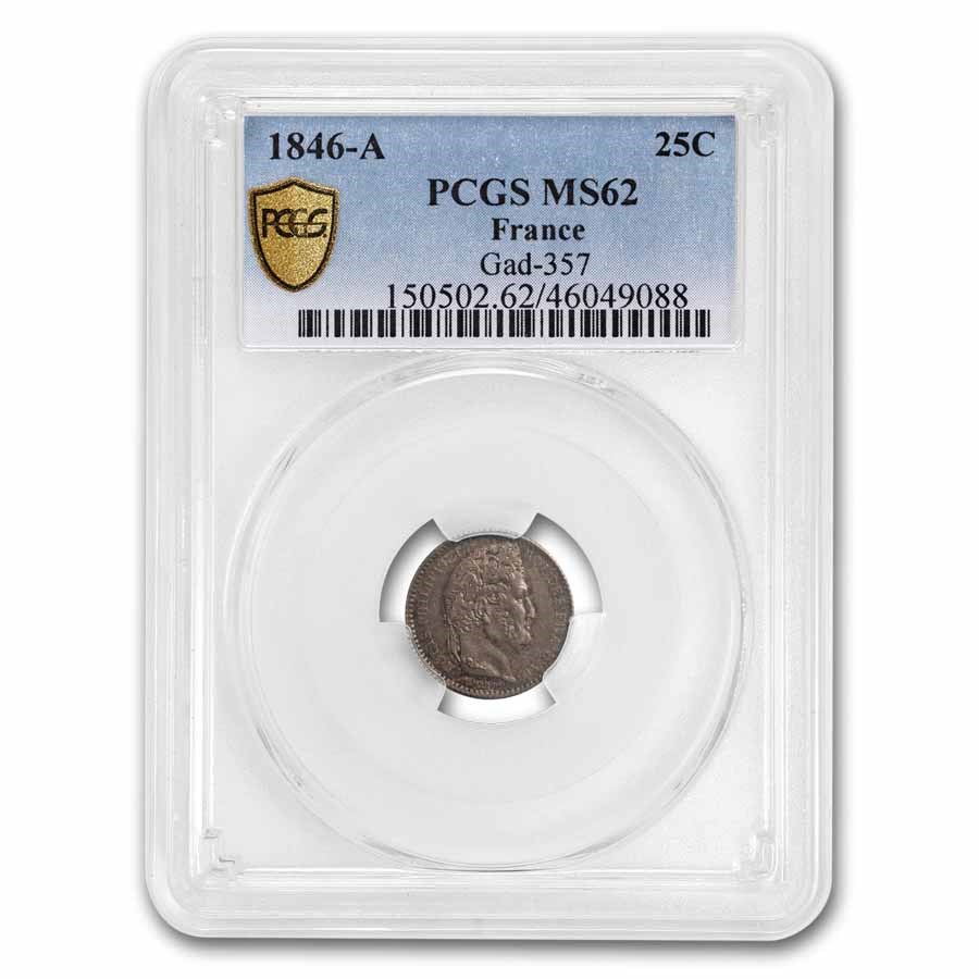1846-A Kingdom of France AR 25 Centimes Louis-Philippe MS-62 PCGS