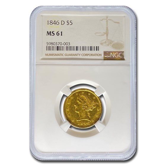 1846-D $5 Liberty Gold Half Eagle MS-61 NGC 1846-D $5 Liberty Gold Half Eagle MS-61 NGC