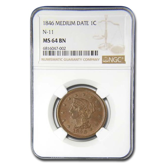 1846 Large Cent MS-64 NGC (Brown, Medium Date, N-11)