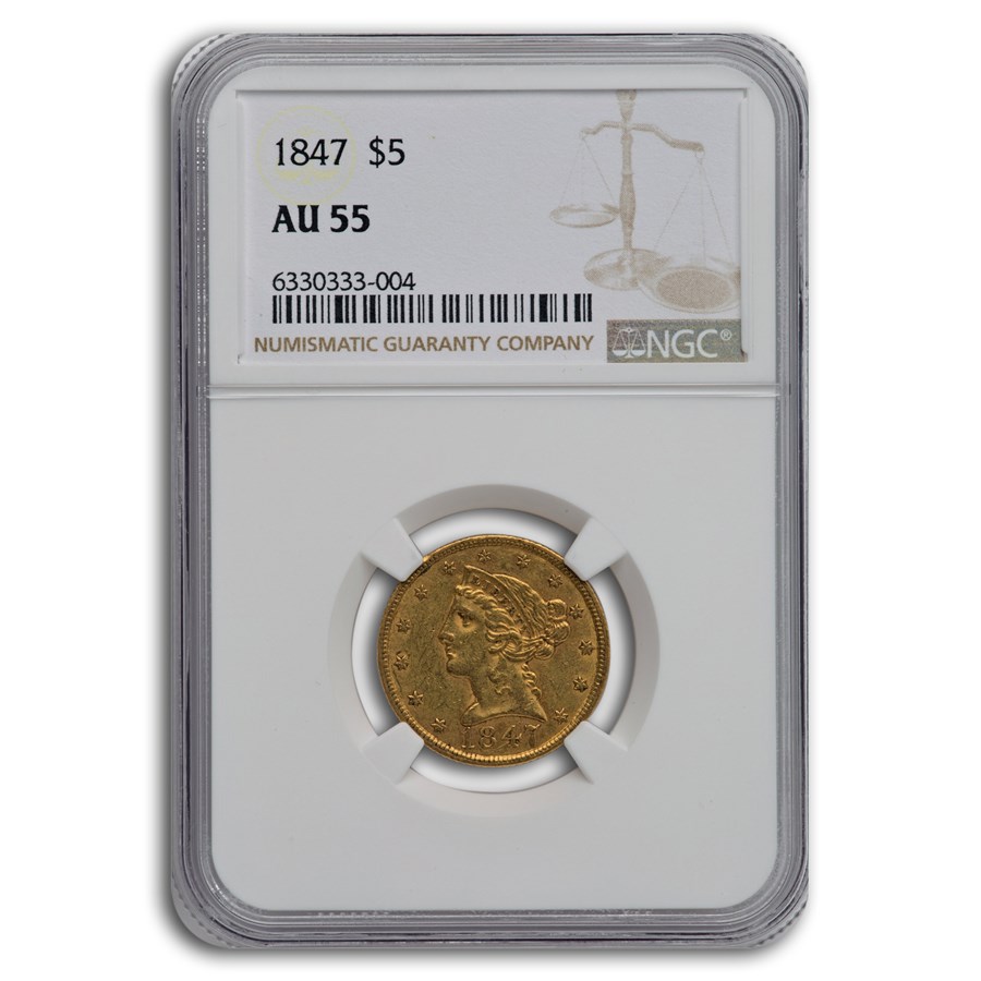 1847 $5 Liberty Gold Half Eagle AU-55 NGC