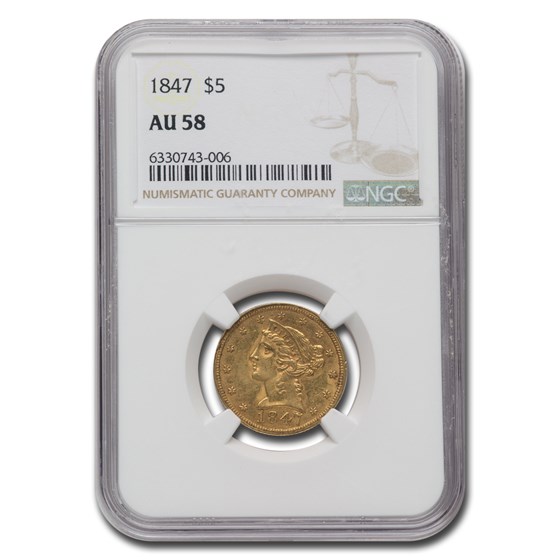 1847 $5 Liberty Gold Half Eagle AU-58 NGC 1847 $5 Liberty Gold Half Eagle AU-58 NGC