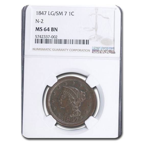 1847/7 Large Cent MS-64 NGC (Brown, N-2, Lg/Sm 7) 1847/7 Large Cent MS-64 NGC (Brown, N-2, Lg/Sm 7)