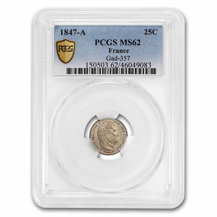 1847-A Kingdom of France AR 25 Centimes Louis-Philippe MS-62 PCGS