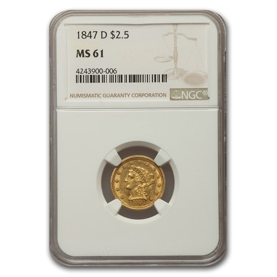 1847-D $2.50 Liberty Gold Quarter Eagle MS-61 NGC 1847-D $2.50 Liberty Gold Quarter Eagle MS-61 NGC