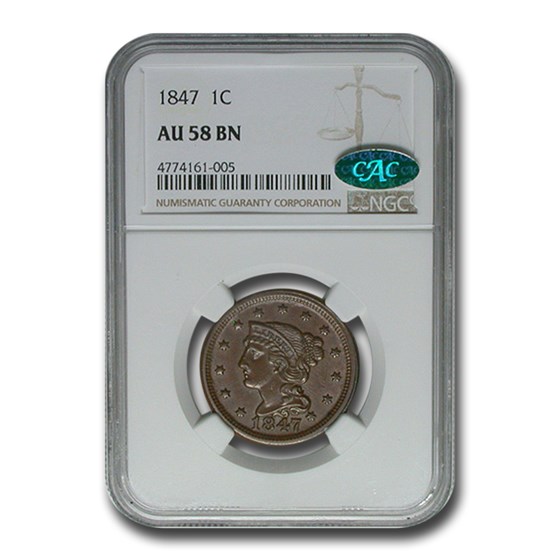 1847 Large Cent AU-58 NGC CAC (Brown) 1847 Large Cent AU-58 NGC CAC (Brown)