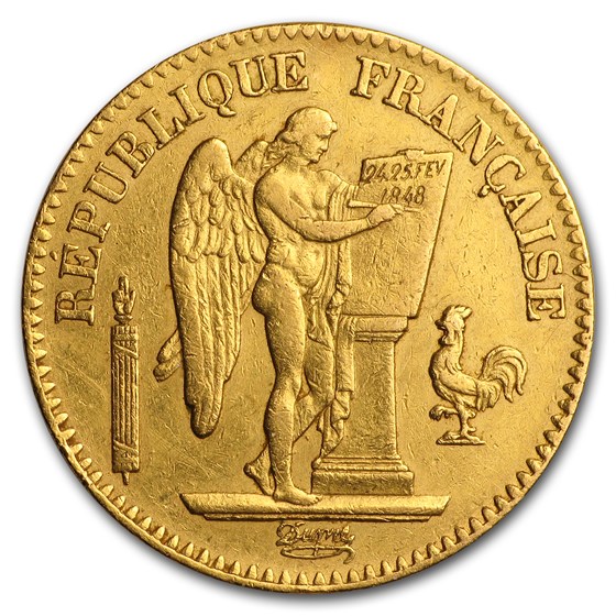 1848-1849 France Gold 20 Francs Lucky Angel (AU)