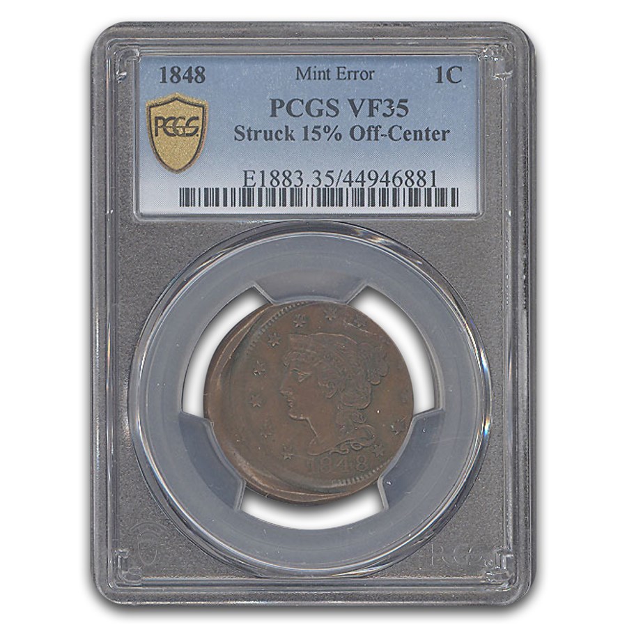 1848 Large Cent VF-35 PCGS (Mint Error, Struck 15% Off-Center)