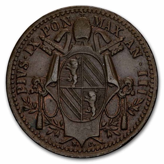 1848-R Italy Papal States 1/2 Baiocco BU (Brown)