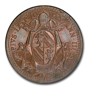 1848-R Italy Papal States 1/2 Baiocco MS-65 PCGS (Brown)