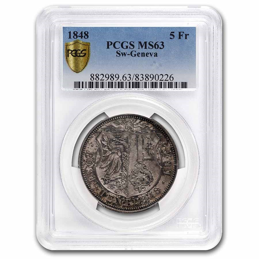 1848 Switzerland Geneva Silver 5 Francs MS-63 PCGS