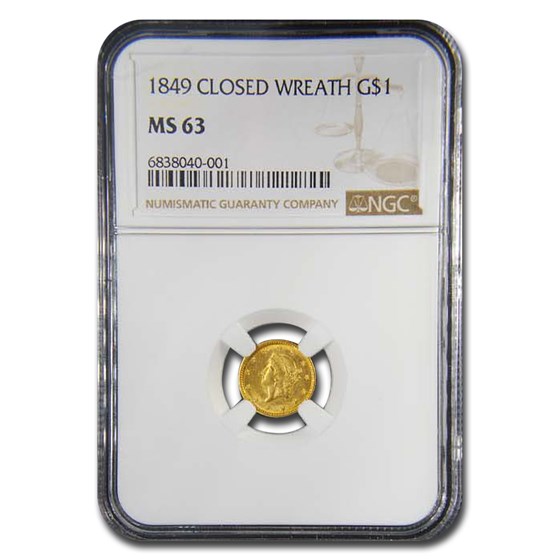 1849 $1 Liberty Gold Closed Wreath MS-63 NGC 1849 $1 Liberty Gold Closed Wreath MS-63 NGC