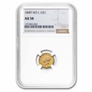 1849 $1 Liberty Gold Small Head Open Wreath No L AU-58 NGC